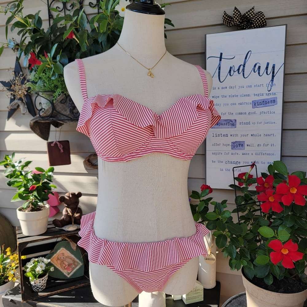 TIME &TRU ♡ Sweet Sexy Pink | White 2pc Seersucker Ruffled Pinstriped Swimsuit S